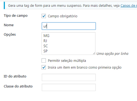 Configurando campo de lista suspensa - contact form 7