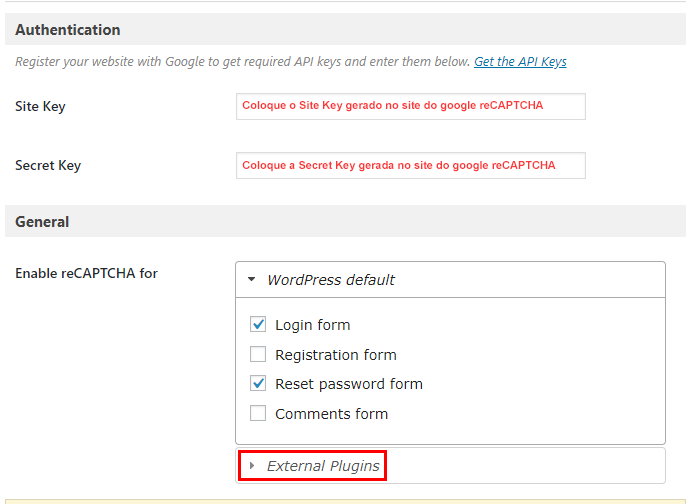 Configurações para inserir reCAPTCHA na tela de login do WordPress